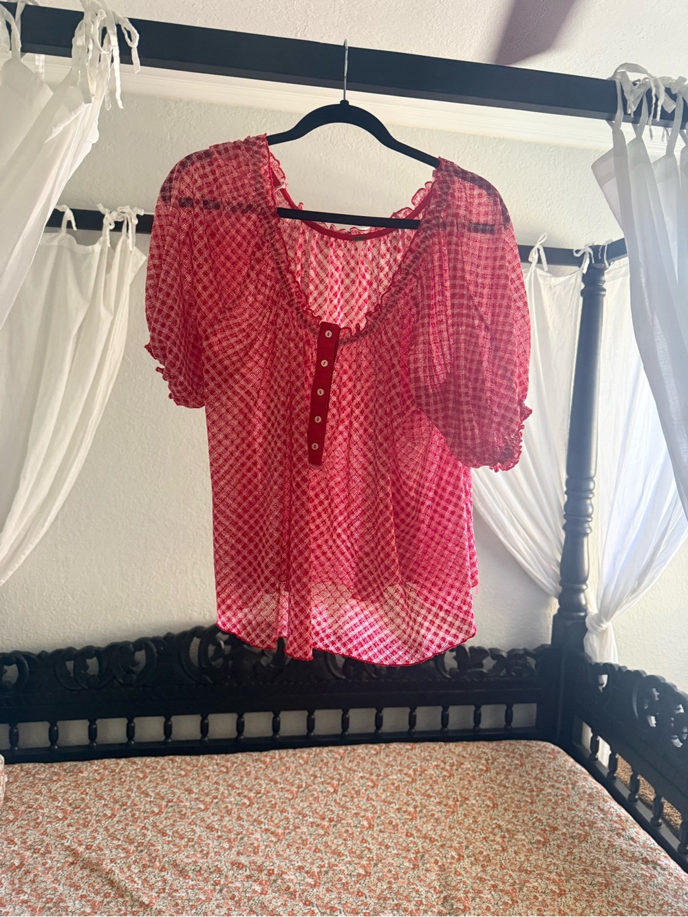 Free People Red Sheer Printed Button-Front Blouse